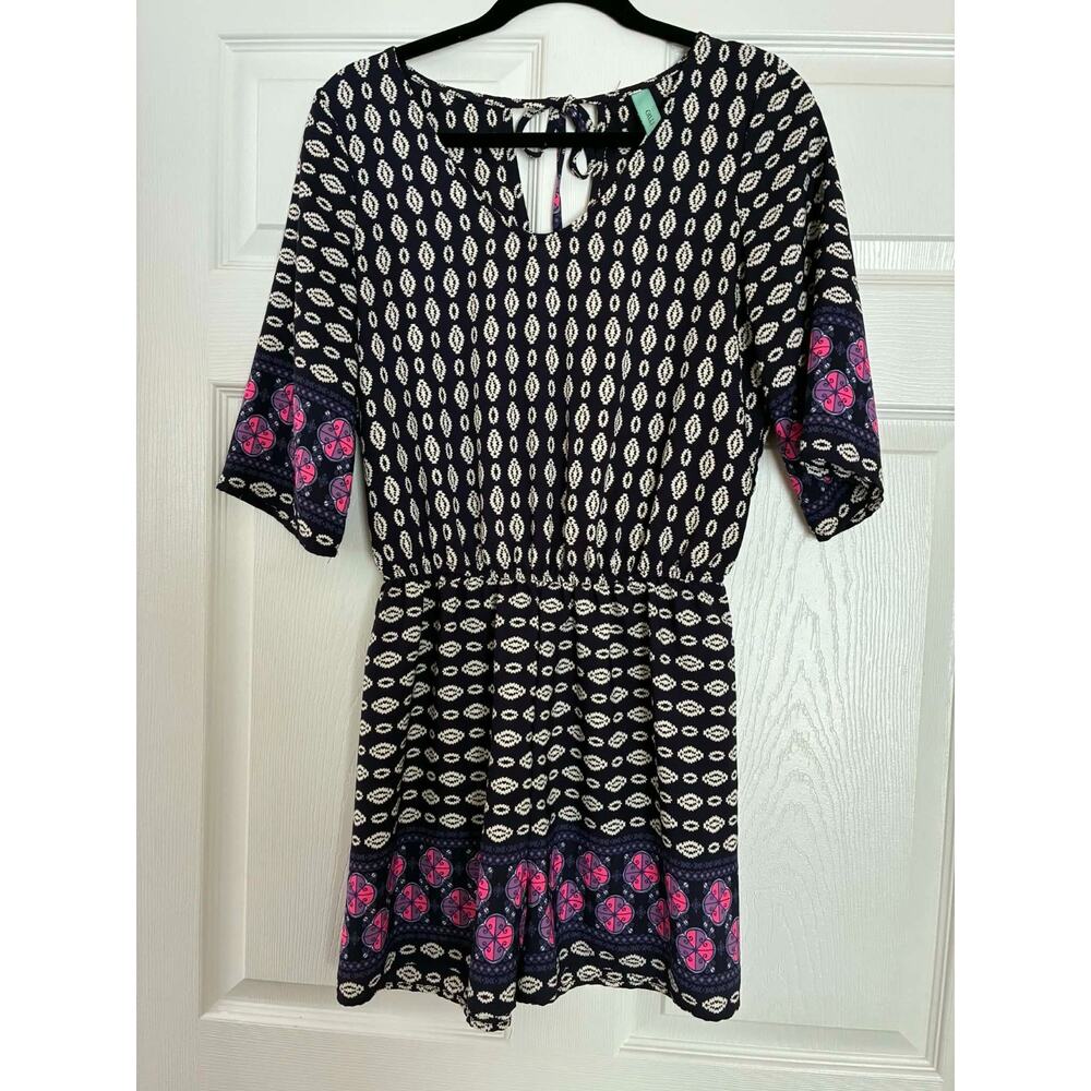 Gilli Navy Pink Boho Print Romper Small Tie Back‎ Elastic Waist 3/4Sleeve